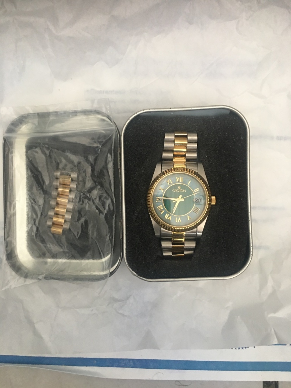 Men’s Rare Croton TwoTone Date green Dial Roman Numerals Presidential 42mm Watch
